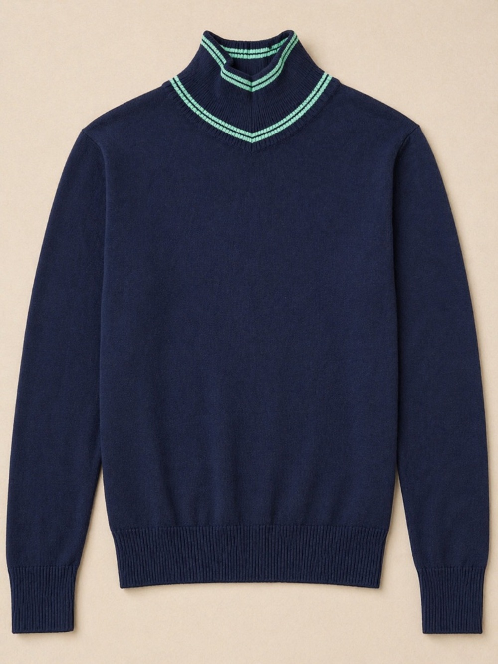 Navy turtle Neck Sweater with Mint Trim merino wool